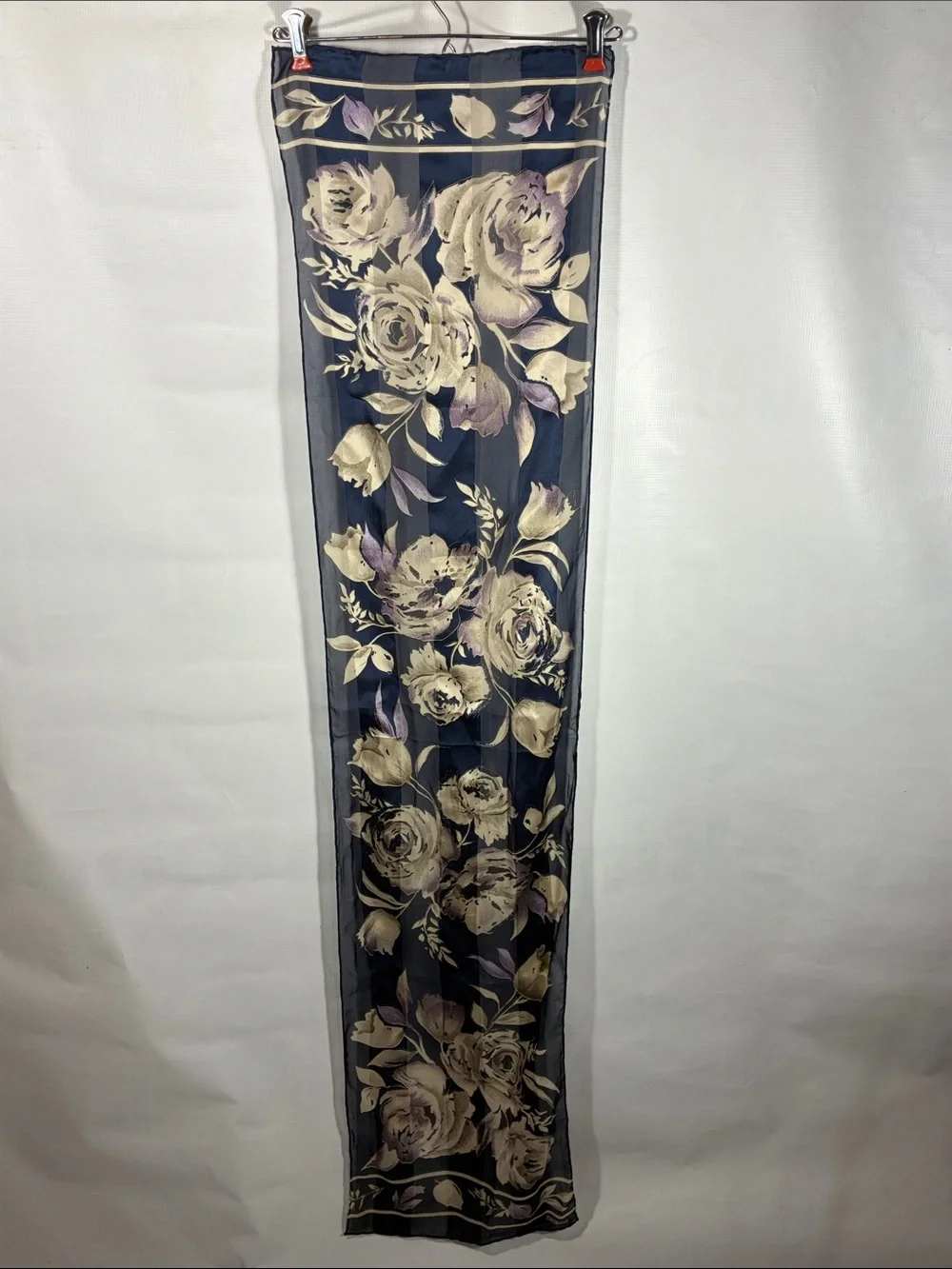 Bill Blass Navy Floral Satin Scarf - Navy, Cream & Lavender